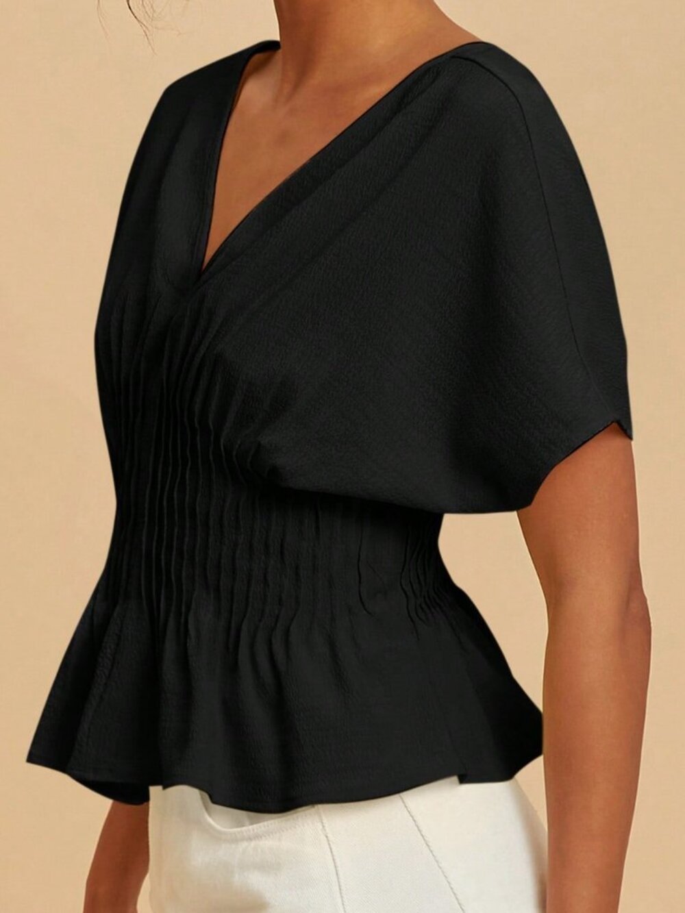 Black Casual Women's Cinched Waist Batwing Sleeve Top - Picture 6 of 6